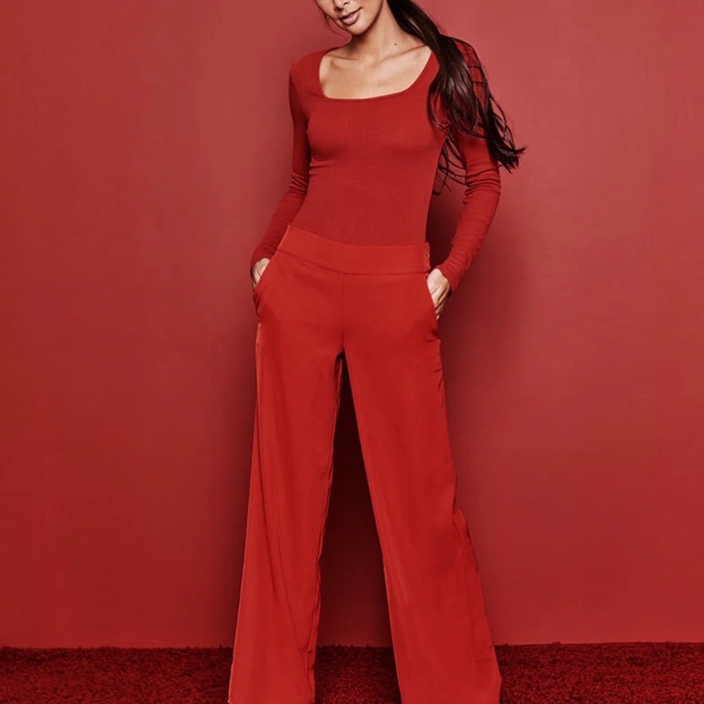 New Summersalt Ribbed Long Sleeve Bodysuit Red‎ Square Neck Large Lightweight